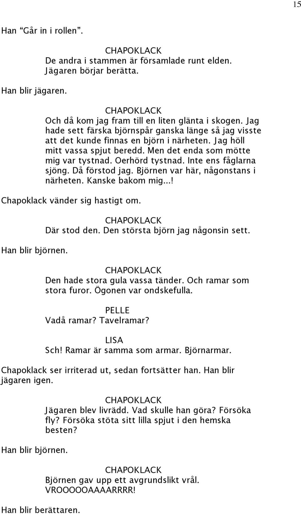 Inte ens fåglarna sjöng. Då förstod jag. Björnen var här, någonstans i närheten. Kanske bakom mig...! Chapoklack vänder sig hastigt om. Han blir björnen. Där stod den.