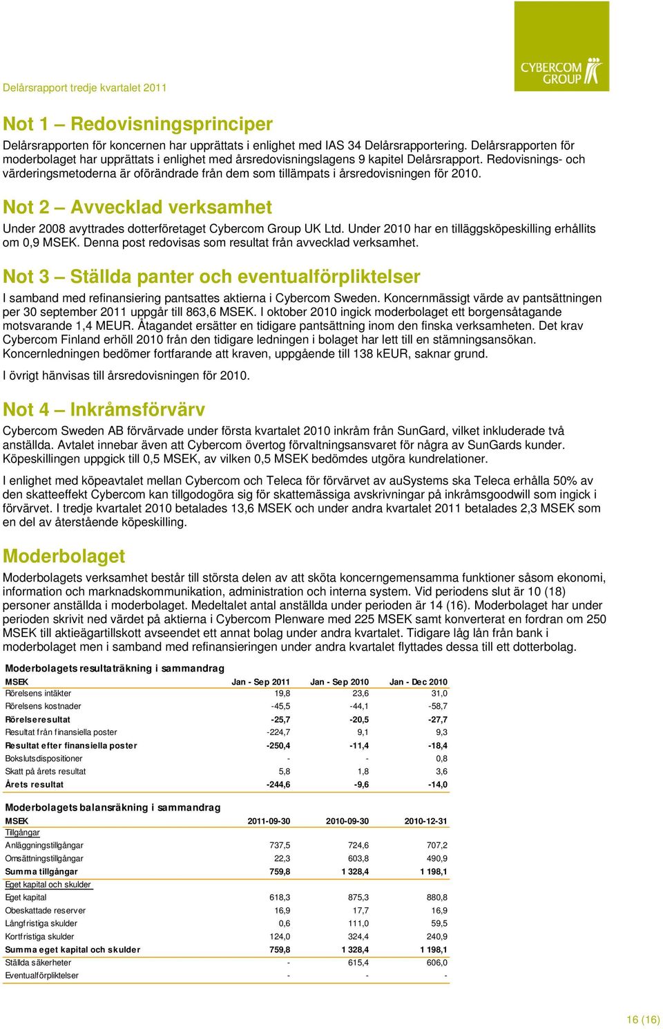 Redovisnings- och värderingsmetoderna är oförändrade från dem som tillämpats i årsredovisningen för 2010. Not 2 Avvecklad verksamhet Under 2008 avyttrades dotterföretaget Cybercom Group UK Ltd.