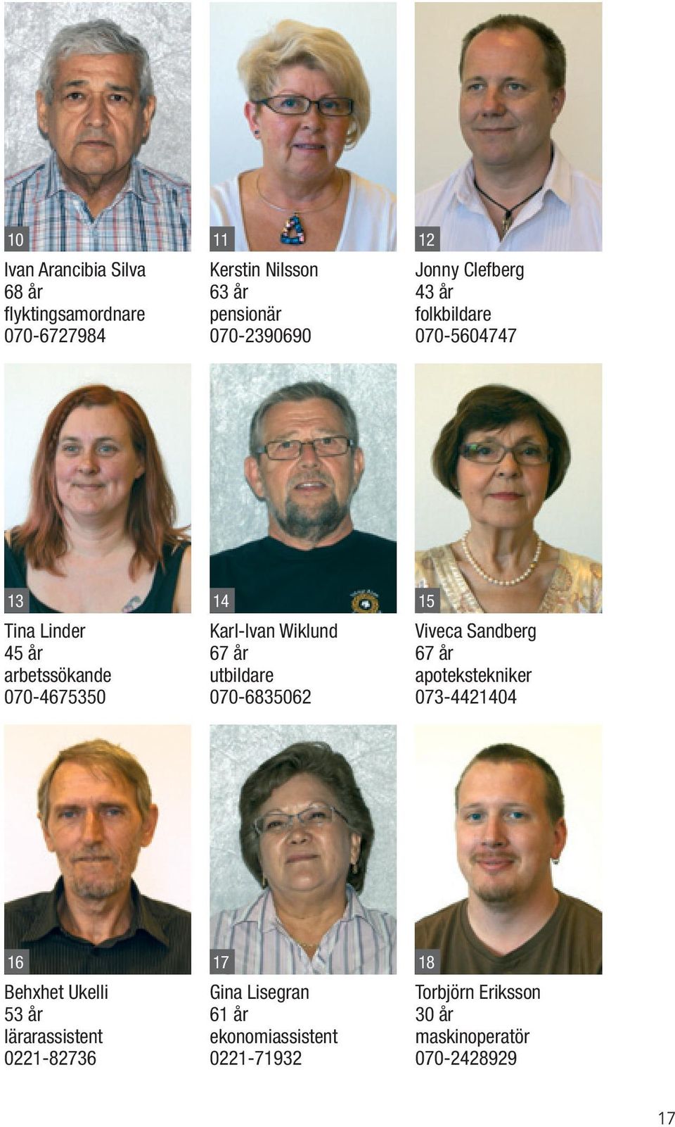 67 år utbildare 070-6835062 Viveca Sandberg 67 år apotekstekniker 073-4421404 16 17 18 Behxhet Ukelli 53 år