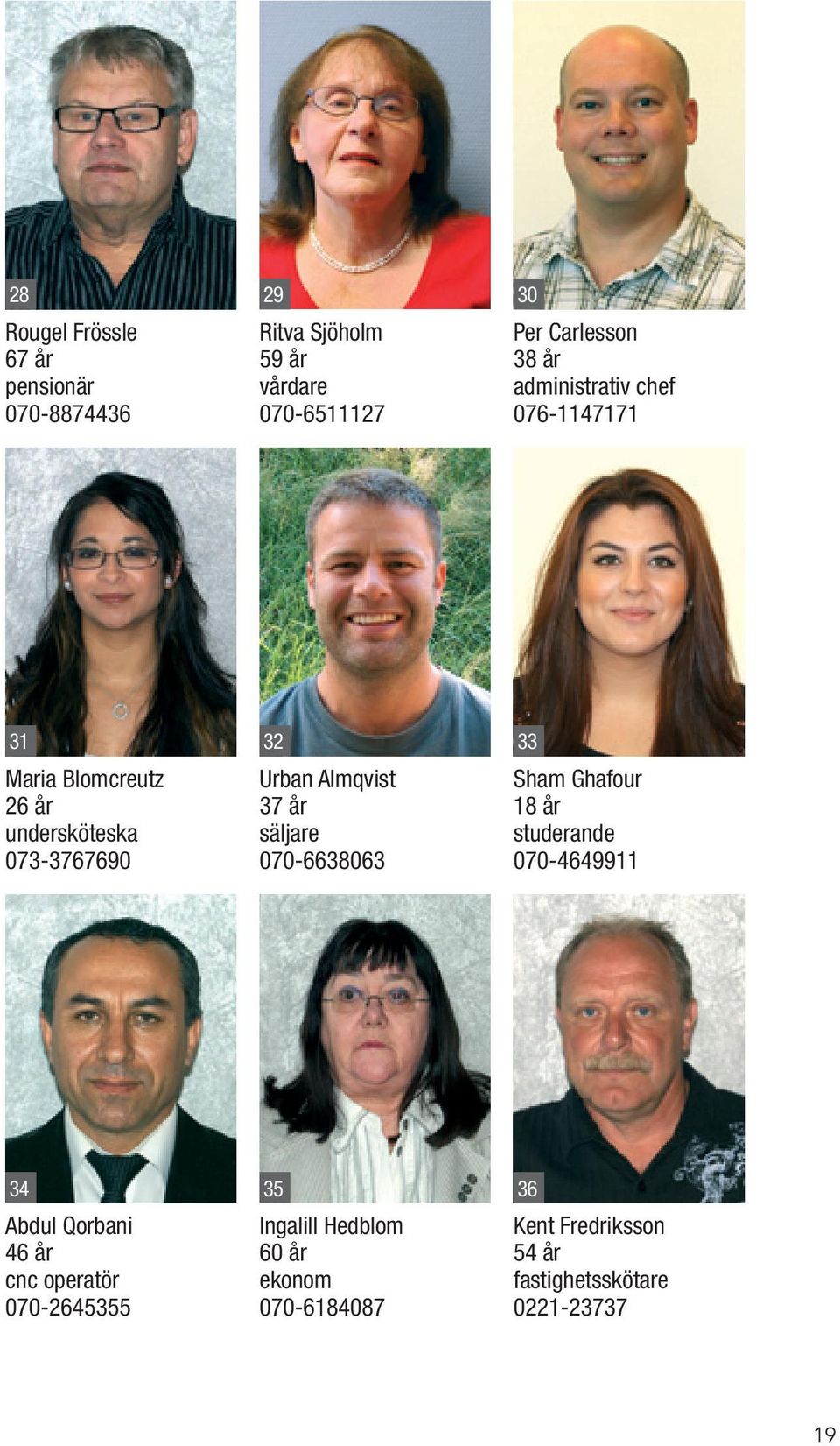 37 år säljare 070-6638063 Sham Ghafour 18 år studerande 070-4649911 34 35 36 Abdul Qorbani 46 år cnc