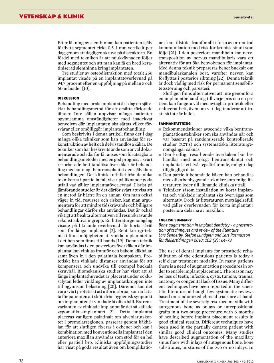 Tre stuier v osteoistrktion me totlt 256 implntt vise på en implnttöverlevn på 94,7 proent efter en uppföljning på melln 5 oh 60 måner [10].