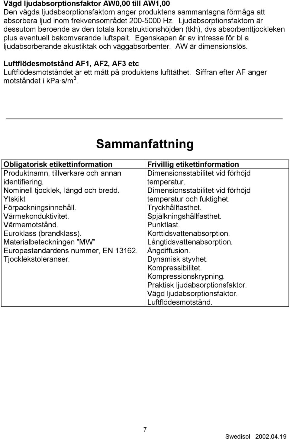 Egenskapen är av intresse för bl a ljudabsorberande akustiktak och väggabsorbenter. AW är dimensionslös. Luftflödesmotstånd AF1, AF2, AF3 etc Luftflödesmotståndet är ett mått på produktens lufttäthet.