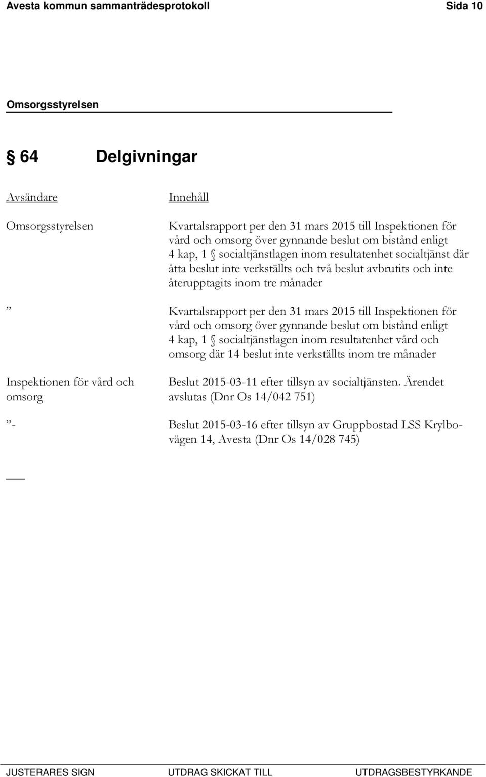 mars 2015 till Inspektionen för vård och omsorg över gynnande beslut om bistånd enligt 4 kap, 1 socialtjänstlagen inom resultatenhet vård och omsorg där 14 beslut inte verkställts inom tre månader