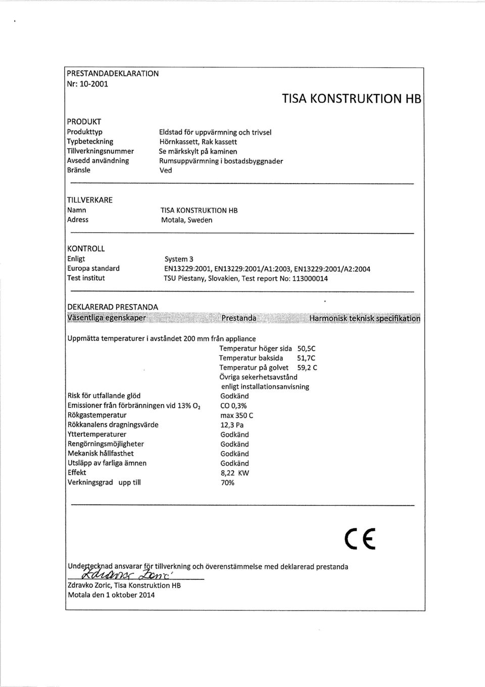 EN13229:2001/A2:2004 Test institut TSU Piestany, Slovakien, Test report No: 113000014 DEKLARERAD PRESTANDA y~sentiiga~ egenskaper Prestanda Harmonisk teknisk specifl1~tion Uppmätta temperaturer i