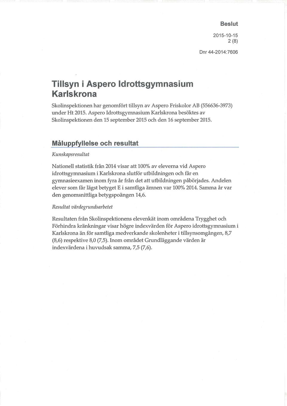 Måluppfyllelse och resultat Kunskapsresultat Nationell statistik från 2014 visar att 100% av eleverna vid Aspero idrottsgymnasium i Karlskrona slutför utbildningen och får en gymnasieexamen inom fyra