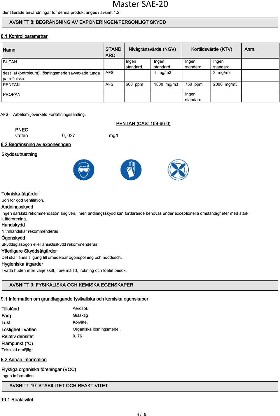 mg/m3 750 ppm 2000 mg/m3 Anm. AFS = Arbetsmiljöverkets Författningssamling. PENTAN (CAS: 109-66-0) PNEC vatten 0, 027 mg/l 8.