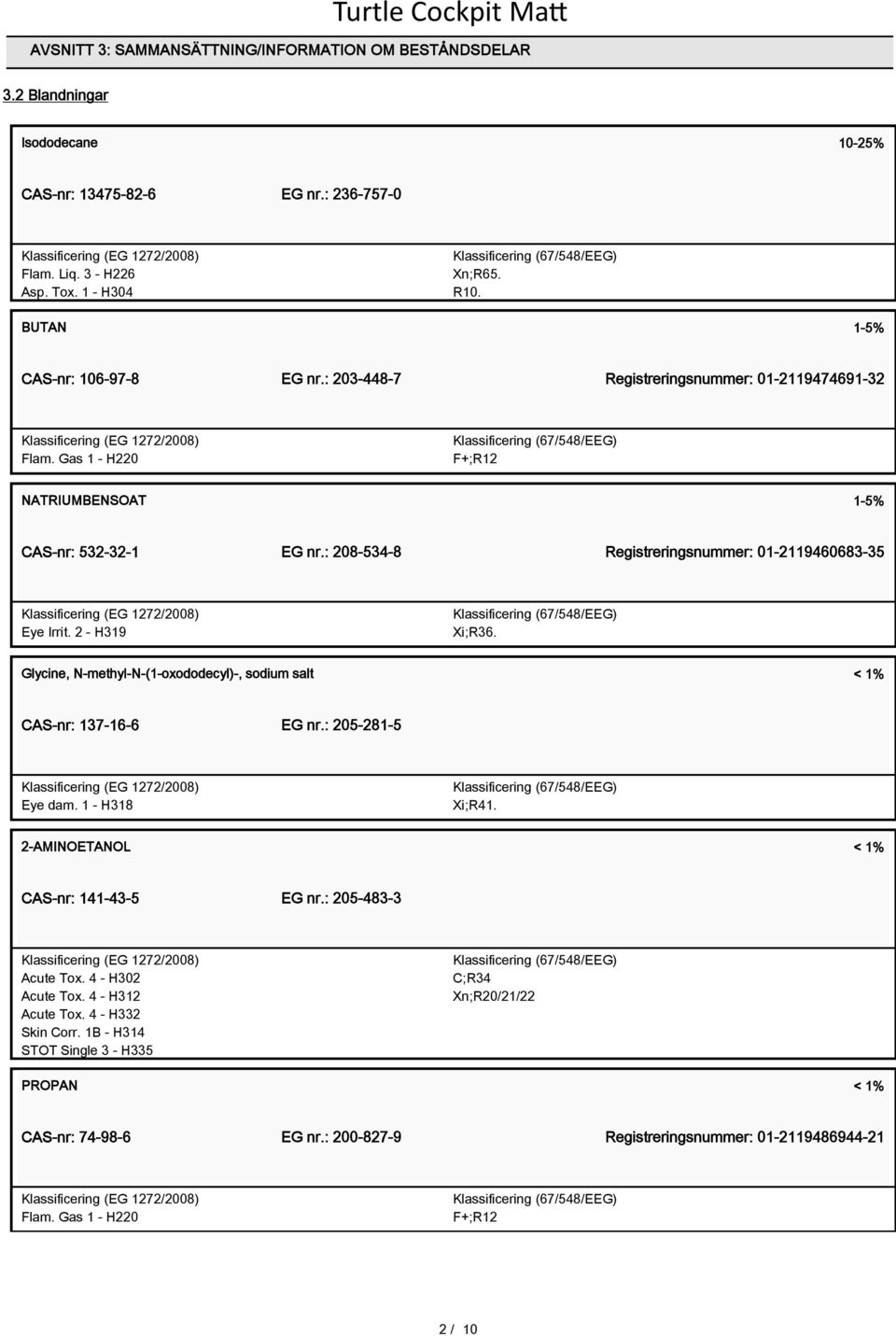 : 208-534-8 Registreringsnummer: 01-2119460683-35 Eye Irrit. 2 - H319 Xi;R36. Glycine, N-methyl-N-(1-oxododecyl)-, sodium salt < 1% CAS-nr: 137-16-6 EG nr.: 205-281-5 Eye dam. 1 - H318 Xi;R41.