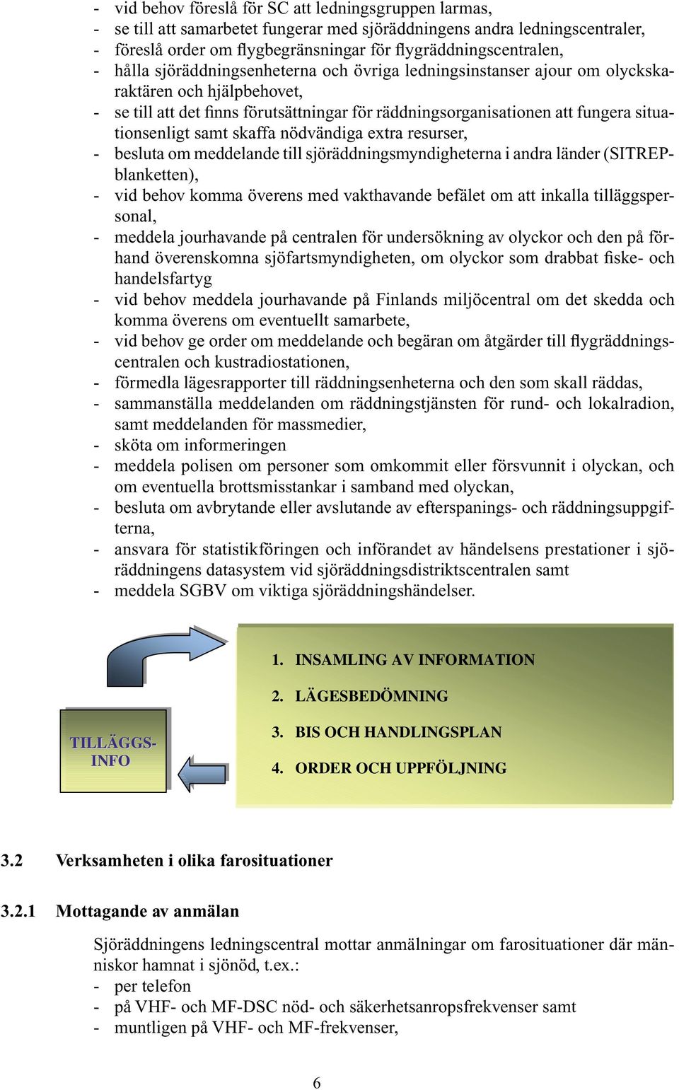 samt skaffa nödvändiga extra resurser, - besluta om meddelande till sjöräddningsmyndigheterna i andra länder (SITREPblanketten), - vid behov komma överens med vakthavande befälet om att inkalla