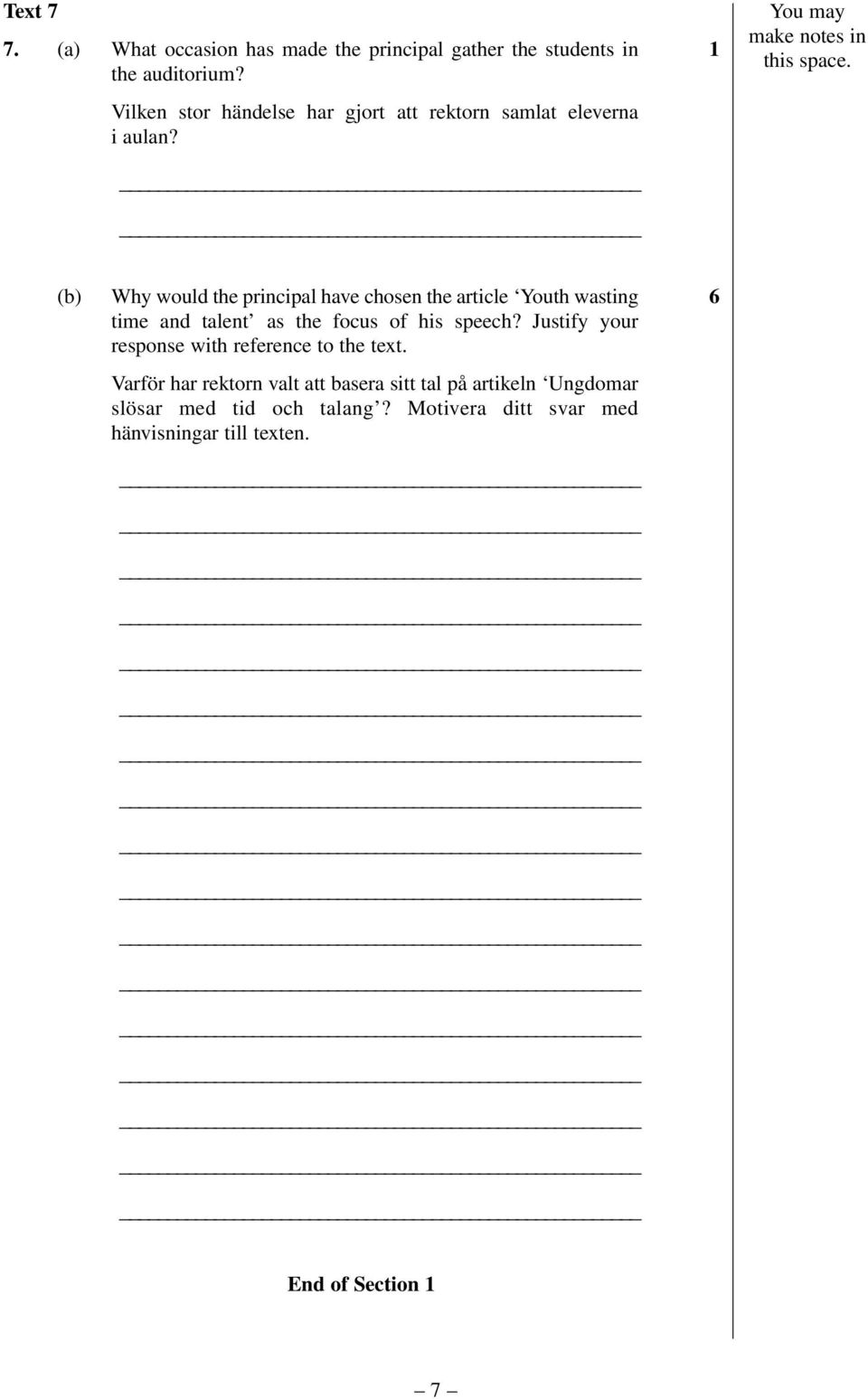 (b) Why would the principal have chosen the article Youth wasting time and talent as the focus of his speech?