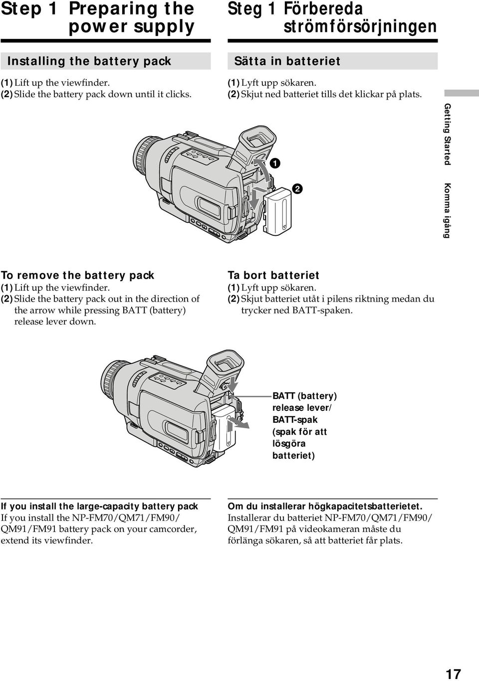 1 2 Getting Started Komma igång To remove the battery pack (1) Lift up the viewfinder. (2) Slide the battery pack out in the direction of the arrow while pressing BATT (battery) release lever down.