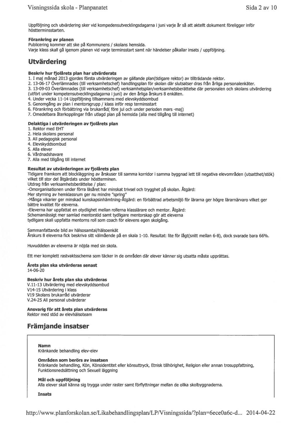 Utvärdering Beskriv hur fjolårets plan har utvärderats 1. 1 maj månad 2013 gjordes första uwärderingen av gällande plan(tfdigare rektor) av tillträdande rektor. 2. 13-06-17 Overlämnades (till verksamhetschef) handlingsplan för skolan där slutsatser dras från årliga personalenkäter.