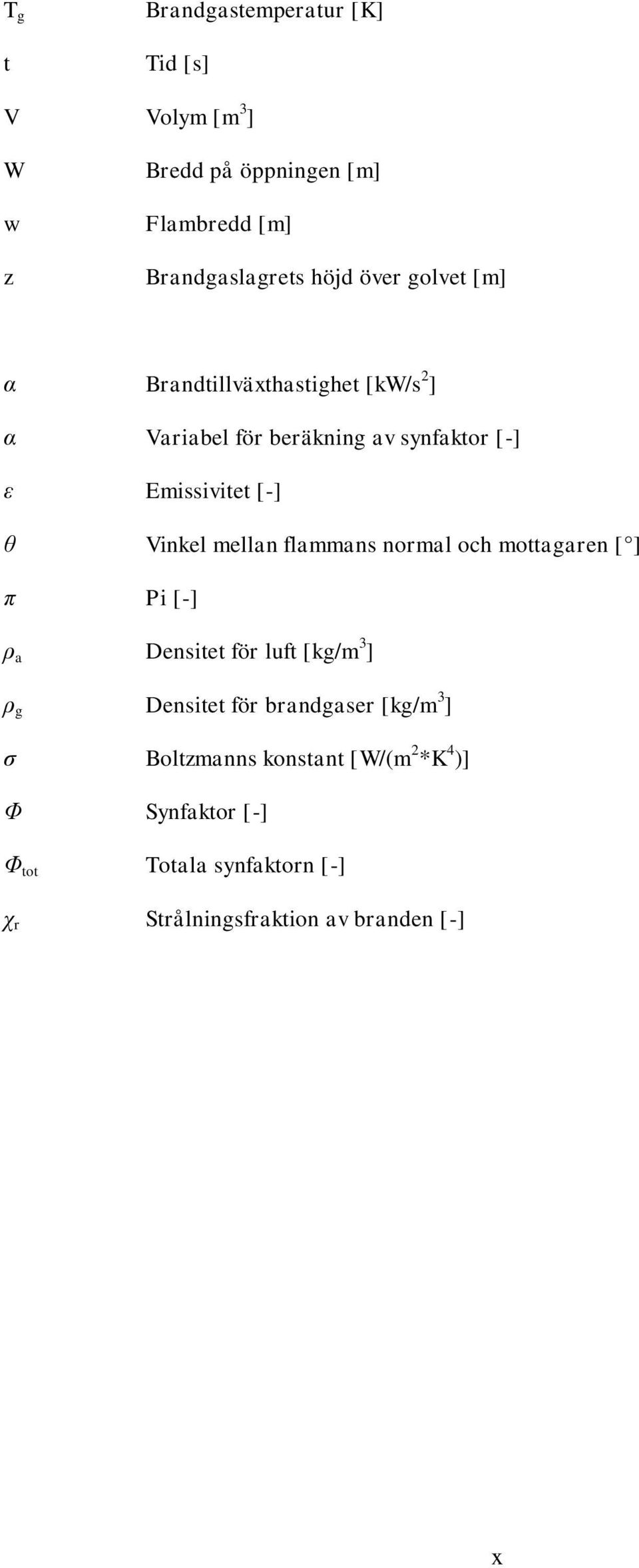 mellan flammans normal och mottagaren [ ] π Pi [-] ρ a Densitet för luft [kg/m 3 ] ρ g Densitet för brandgaser [kg/m 3