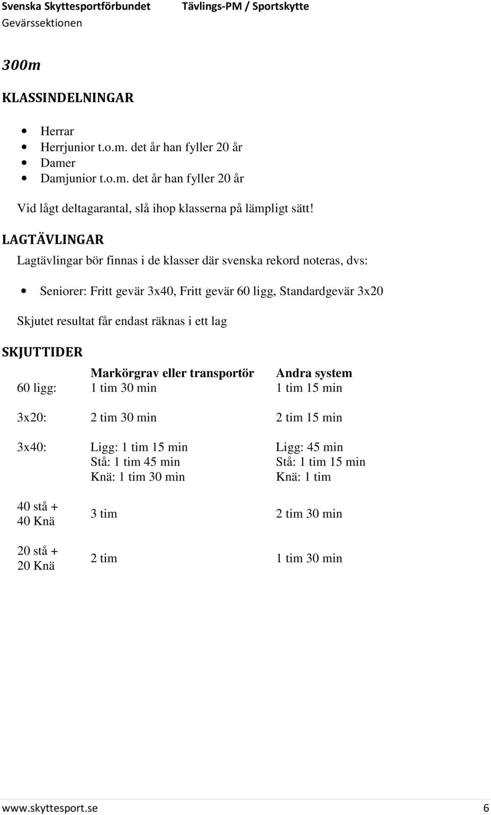 endast räknas i ett lag SKJUTTIDER Markörgrav eller transportör Andra system 60 ligg: 1 tim 30 min 1 tim 15 min 3x20: 2 tim 30 min 2 tim 15 min 3x40: Ligg: 1 tim 15 min