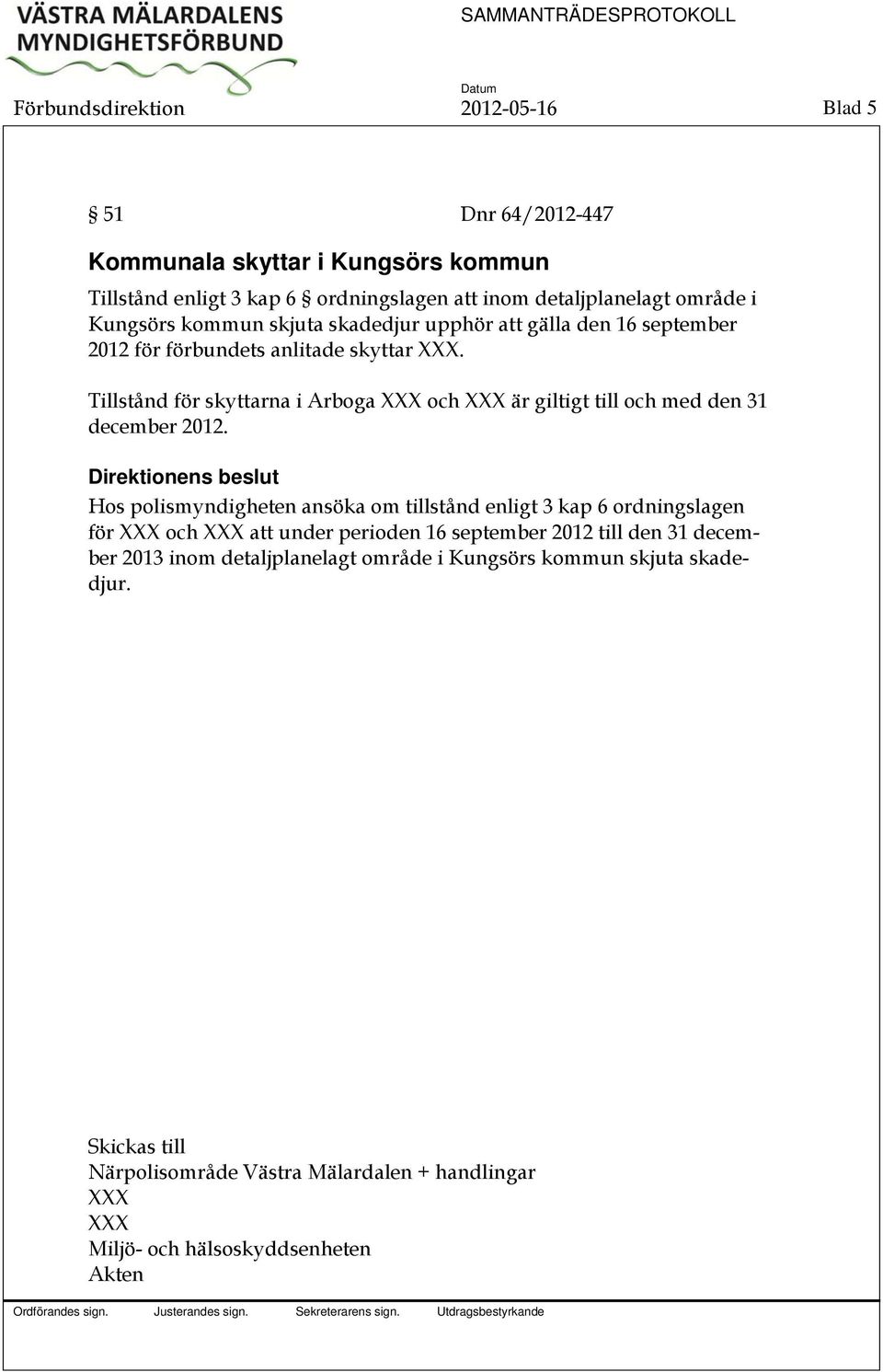Tillstånd för skyttarna i Arboga XXX och XXX är giltigt till och med den 31 december 2012.