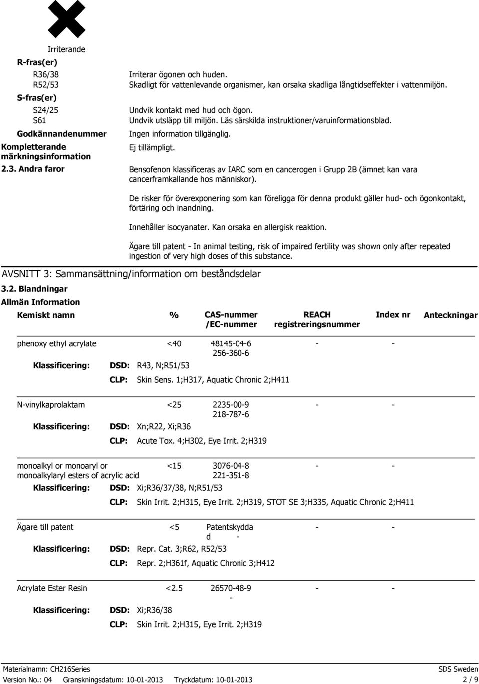 Läs särskilda instruktioner/varuinformationsblad. 2.3. Andra faror Bensofenon klassificeras av IARC som en cancerogen i Grupp 2B (ämnet kan vara cancerframkallande hos människor).