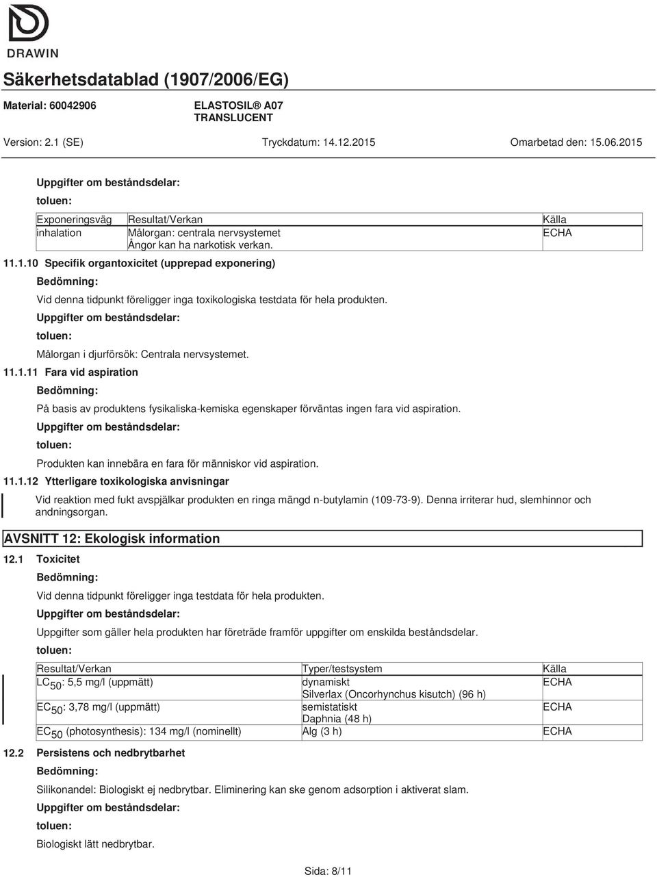 Produkten kan innebära en fara för människor vid aspiration. 11.1.12 Ytterligare toxikologiska anvisningar Vid reaktion med fukt avspjälkar produkten en ringa mängd n-butylamin (109-73-9).