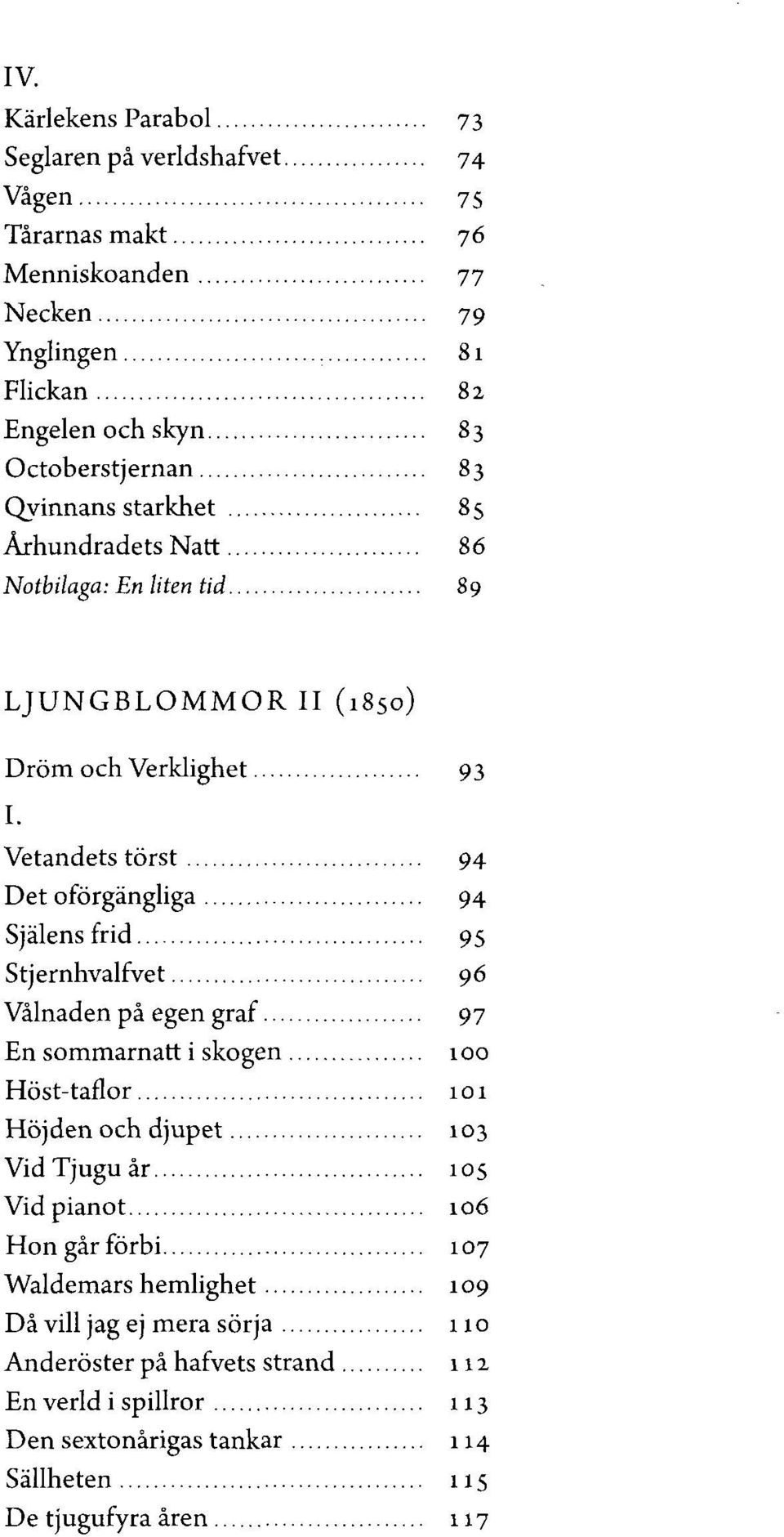 Vetandets törst 94 Det oförgängliga 94 Själens frid 95 Stjernhvalfvet 96 Vålnaden på egen graf 97 En sommarnatt i skogen 100 Höst-taflor 101 Höjden och djupet 103 Vid