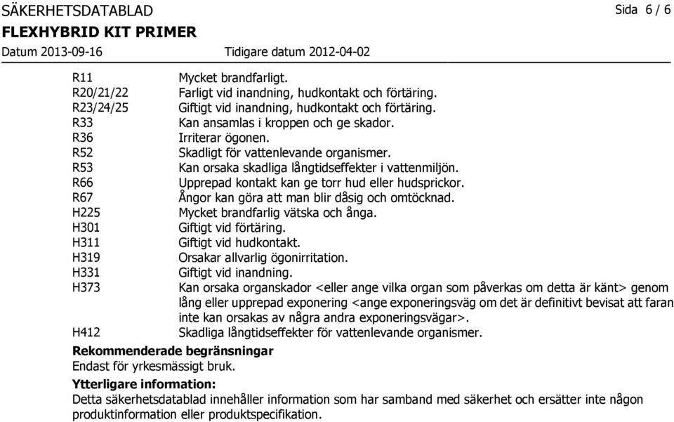 Kan orsaka skadliga långtidseffekter i vattenmiljön. Upprepad kontakt kan ge torr hud eller hudsprickor. Ångor kan göra att man blir dåsig och omtöcknad. Mycket brandfarlig vätska och ånga.