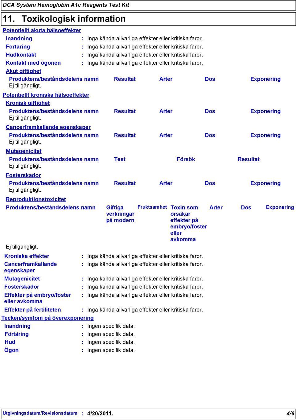 verkningar på modern Fruktsamhet Toxin som orsakar effekter på embryo/foster eller avkomma Arter Dos Exponering Kroniska effekter Cancerframkallande egenskaper Mutagenicitet