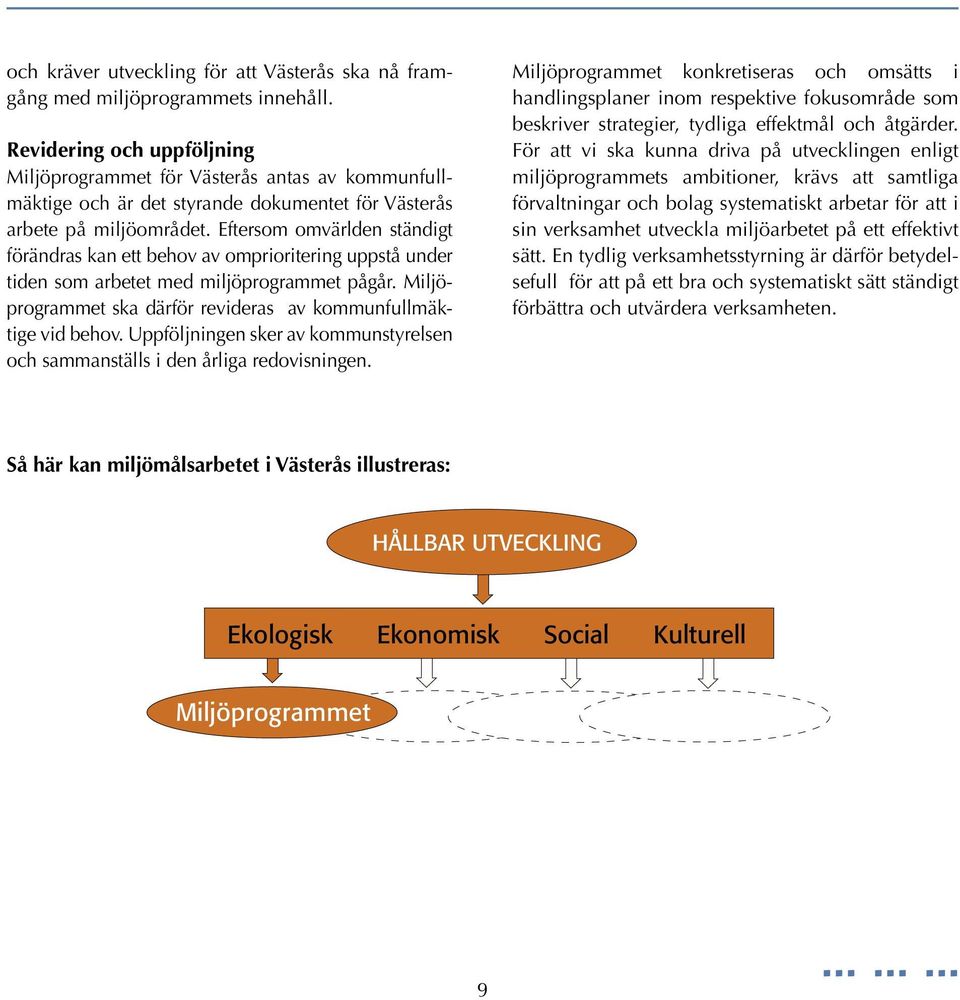 Eftersom omvärlden ständigt förändras kan ett behov av omprioritering uppstå under tiden som arbetet med miljöprogrammet pågår. Miljöprogrammet ska därför revideras av kommunfullmäktige vid behov.