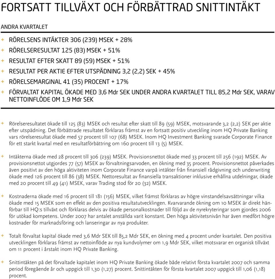ökade till 125 (83) MSEK och resultat efter skatt till 89 (59) MSEK, motsvarande 3,2 (2,2) SEK per aktie efter utspädning.