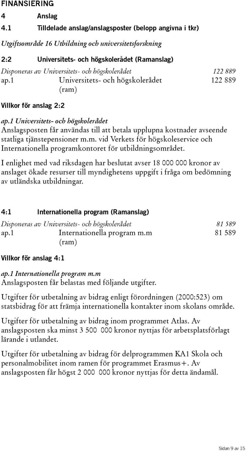 högskolerådet 122 889 ap.1 Universitets- och högskolerådet (ram) 122 889 Villkor för anslag 2:2 ap.