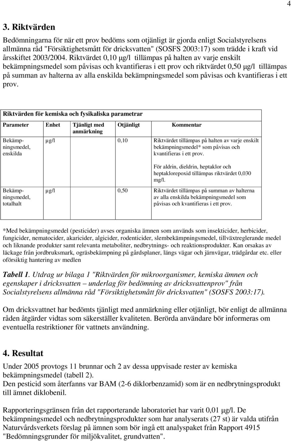 Riktvärdet 0,10 µg/l tillämpas på halten av varje enskilt bekämpningsmedel som påvisas och kvantifieras i ett prov och riktvärdet 0,50 µg/l tillämpas på summan av halterna av alla enskilda