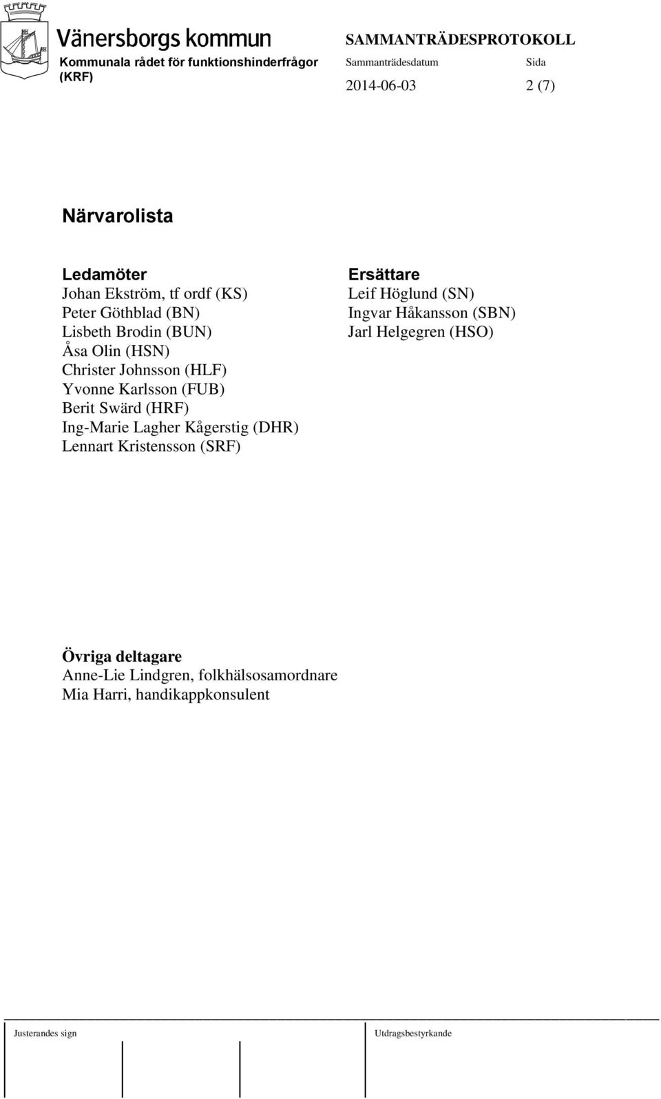 Ing-Marie Lagher Kågerstig (DHR) Lennart Kristensson (SRF) Ersättare Leif Höglund (SN) Ingvar