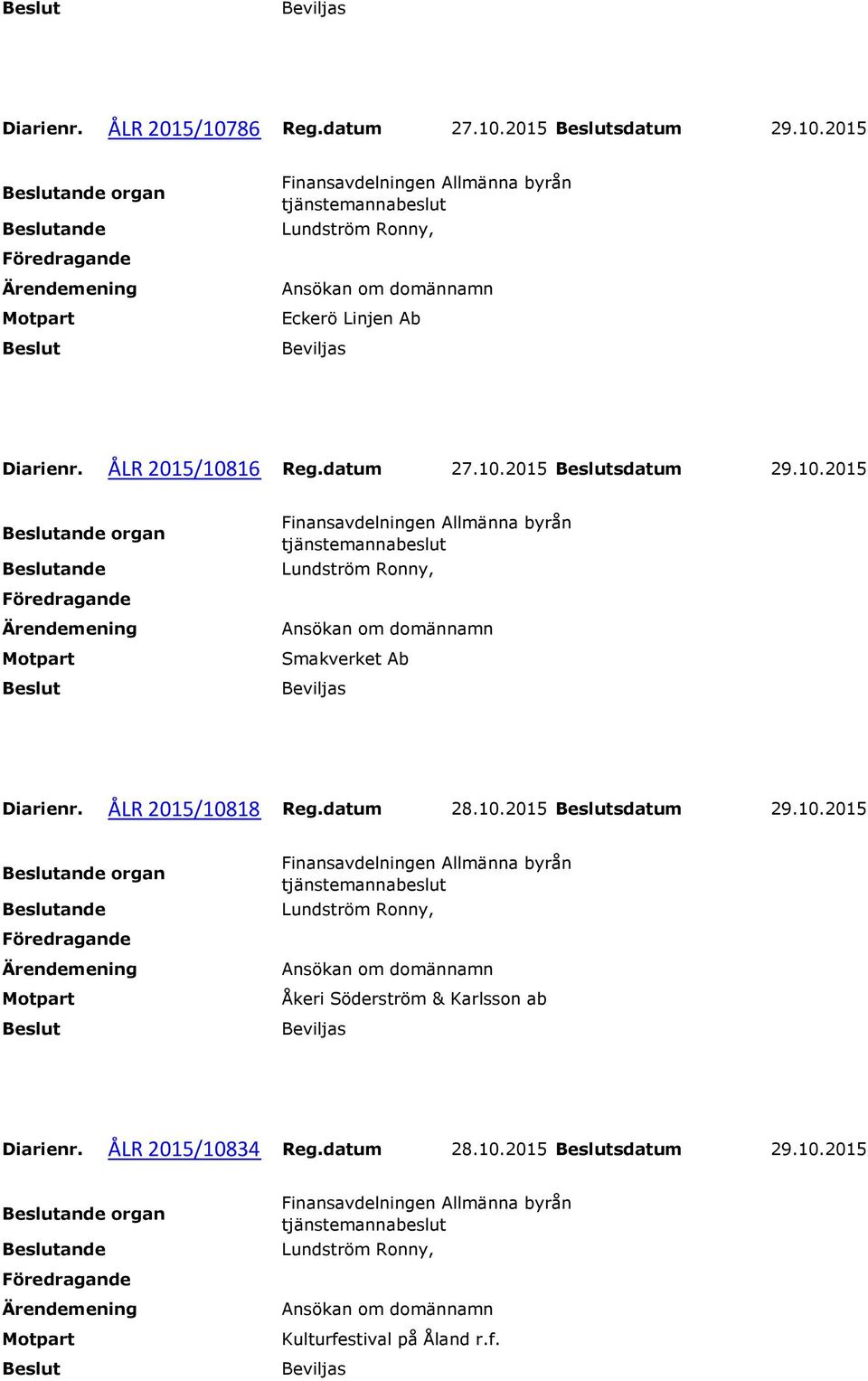 ÅLR 2015/10818 Reg.datum 28.10.2015 sdatum 29.10.2015 organ Åkeri Söderström & Karlsson ab Diarienr.