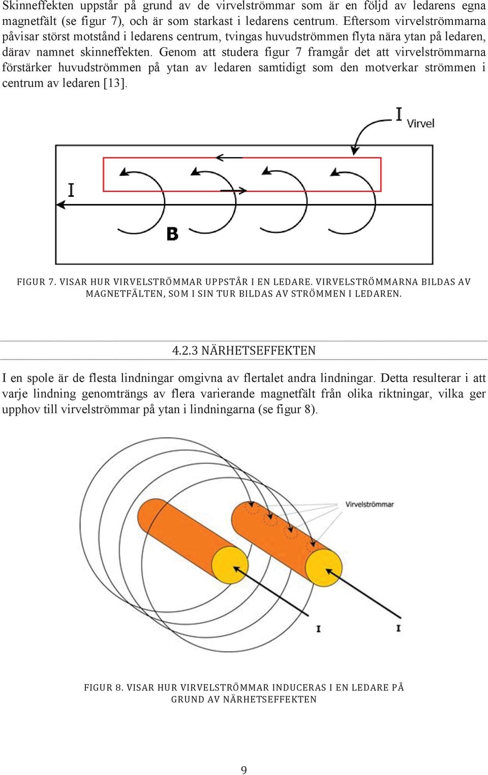 Genom att studera figur 7 framgår det att virvelströmmarna förstärker huvudströmmen på ytan av ledaren samtidigt som den motverkar strömmen i centrum av ledaren [13]. FIGUR 7.