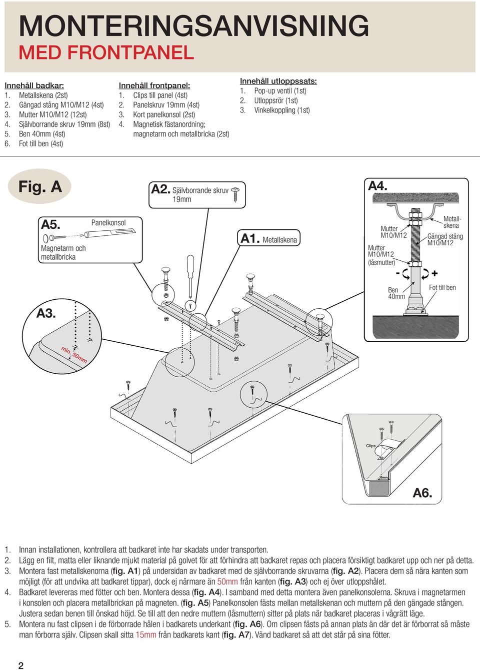 Utloppsrör (1st) 3. Vinkelkoppling (1st) Fig. A A2. Självborrande skruv 19mm A4. A5. Panelkonsol Magnetarm och metallbricka A1. (låsmutter) Gängad stång Ben 40mm Fot till ben A3. min. 50mm Clips A6.