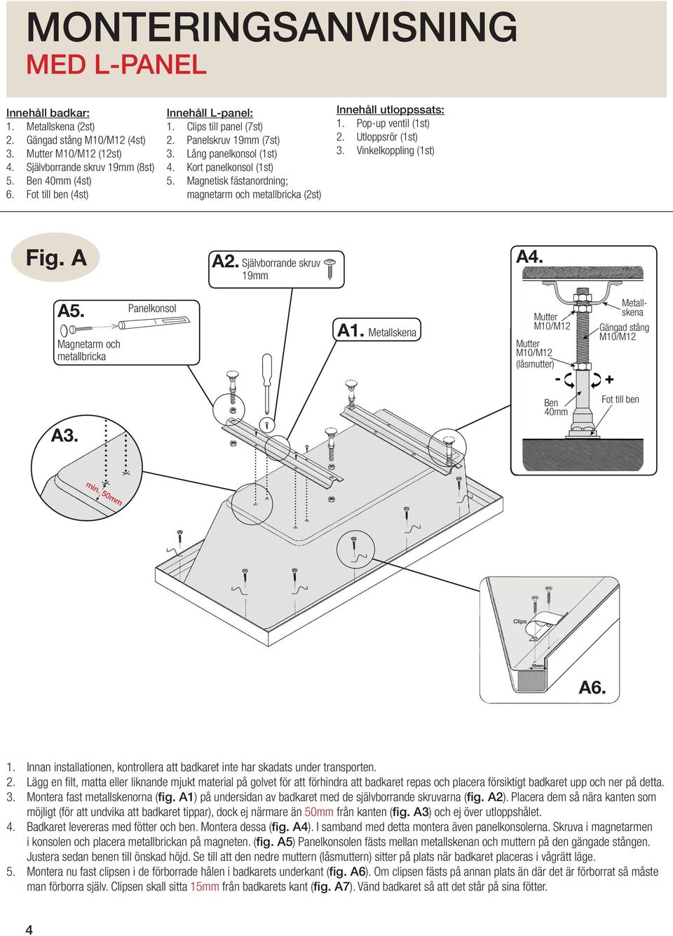 Popup ventil (1st) 2. Utloppsrör (1st) 3. Vinkelkoppling (1st) Fig. A A2. Självborrande skruv 19mm A4. A5. Panelkonsol Magnetarm och metallbricka A1. (låsmutter) Gängad stång Ben 40mm Fot till ben A3.