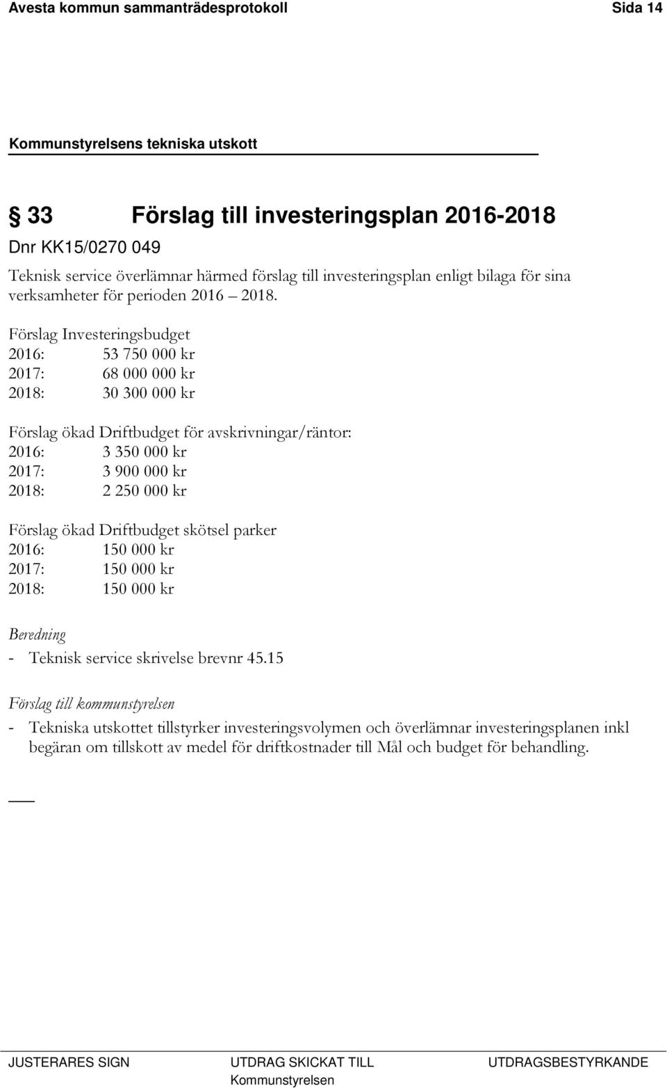 Förslag Investeringsbudget 2016: 53 750 000 kr 2017: 68 000 000 kr 2018: 30 300 000 kr Förslag ökad Driftbudget för avskrivningar/räntor: 2016: 3 350 000 kr 2017: 3 900 000 kr 2018: 2 250 000