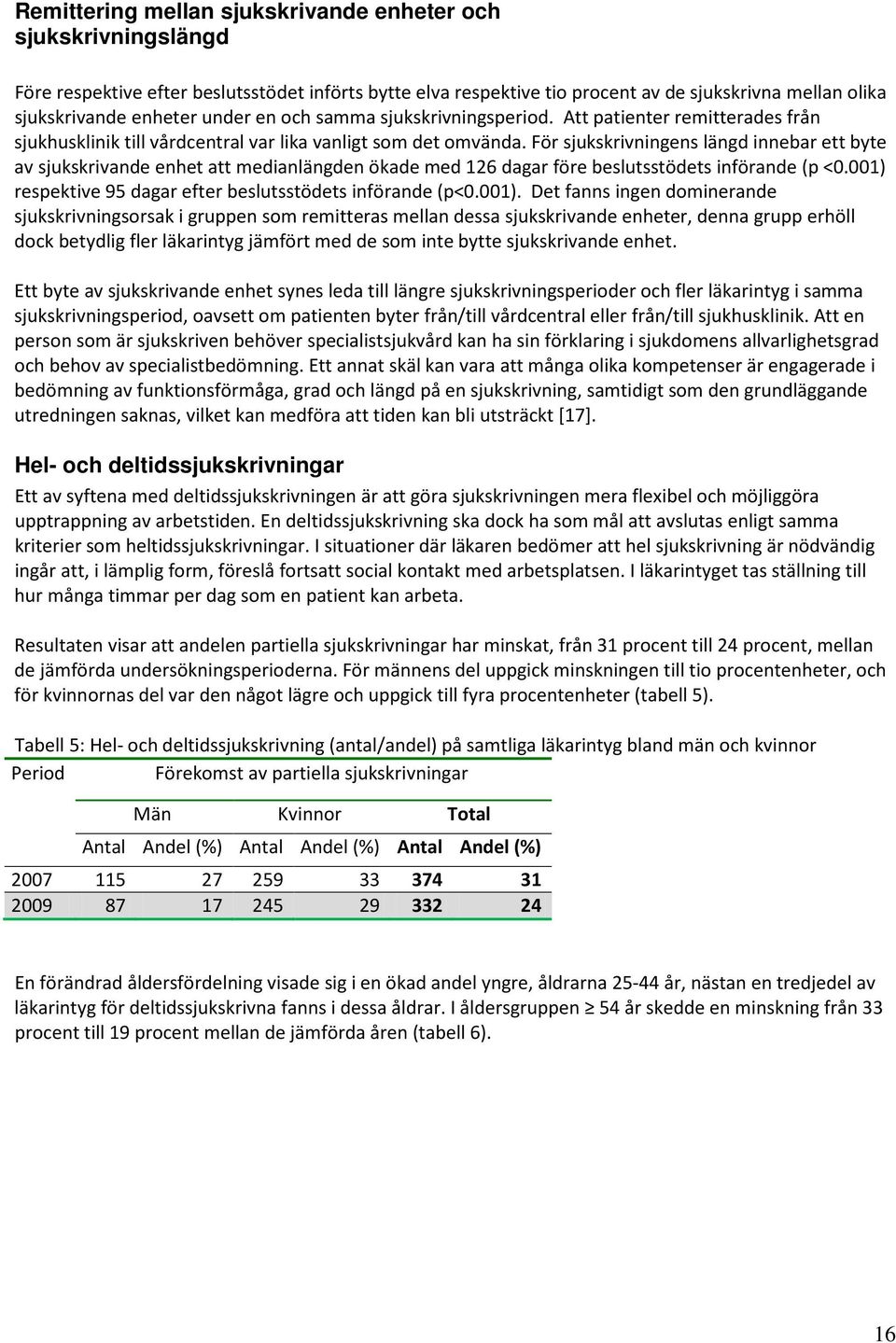 För sjukskrivningens längd innebar ett byte av sjukskrivande enhet att medianlängden ökade med 26 dagar före beslutsstödets införande (p <0.00) respektive 95 dagar efter beslutsstödets införande (p<0.