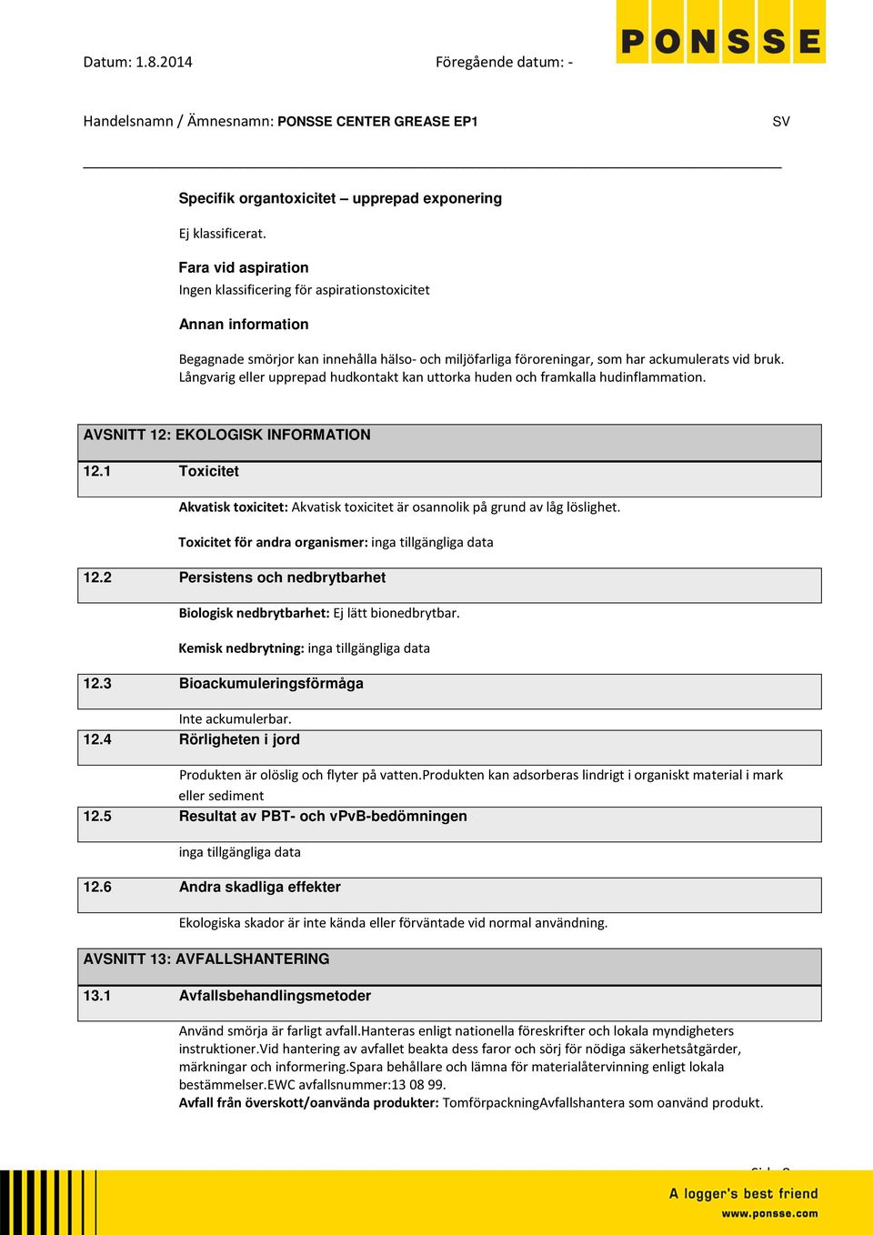Långvarig eller upprepad hudkontakt kan uttorka huden och framkalla hudinflammation. AVSNITT 12: EKOLOGISK INFORMATION 12.
