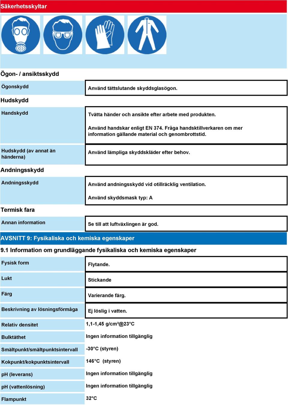 Andningsskydd Andningsskydd Använd andningsskydd vid otillräcklig ventilation. Använd skyddsmask typ: A Termisk fara Annan information Se till att luftväxlingen är god.