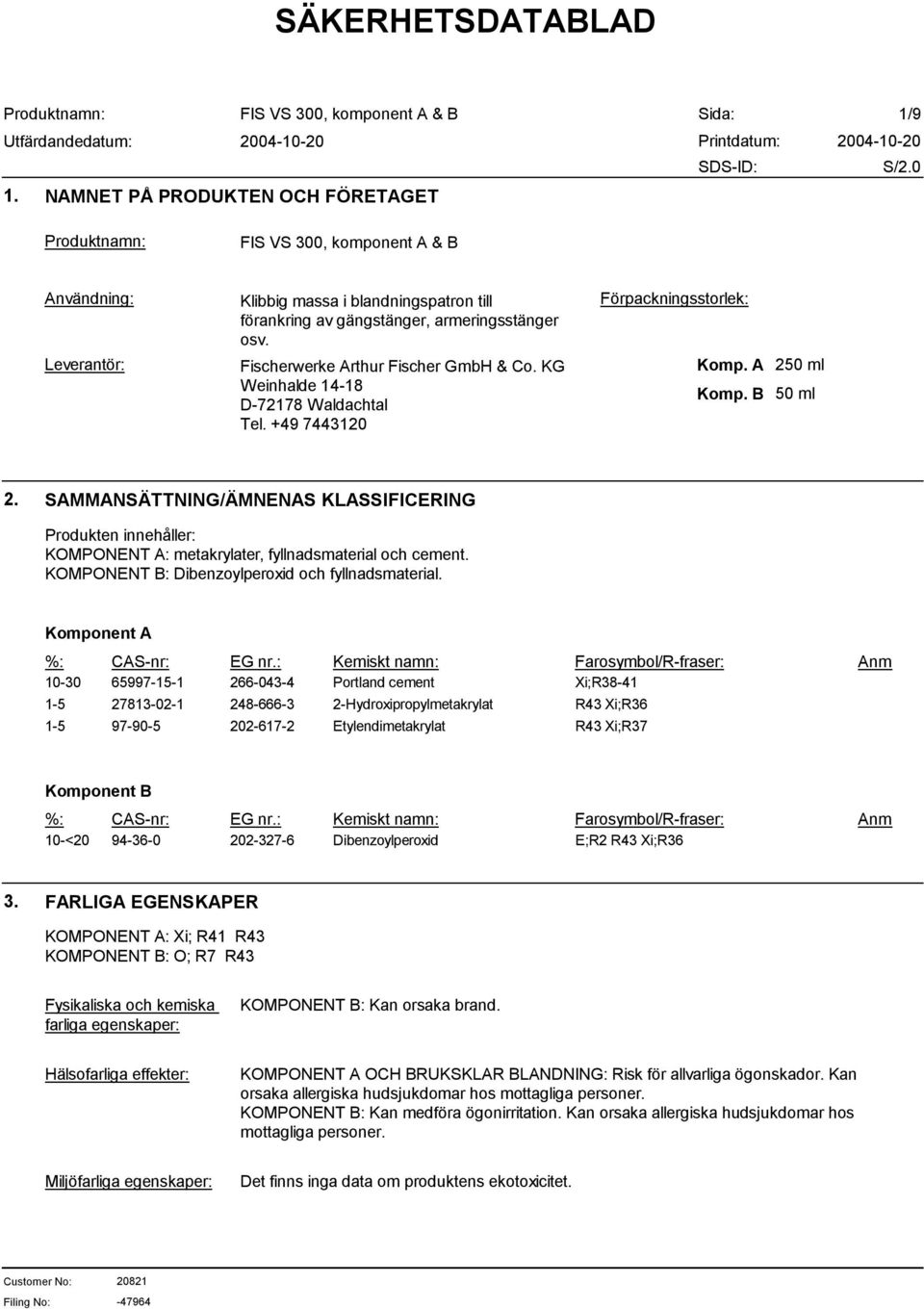SAMMANSÄTTNING/ÄMNENAS KLASSIFICERING Produkten innehåller: KOMPONENT A: metakrylater, fyllnadsmaterial och cement. KOMPONENT B: Dibenzoylperoxid och fyllnadsmaterial. %: CAS-nr: EG nr.