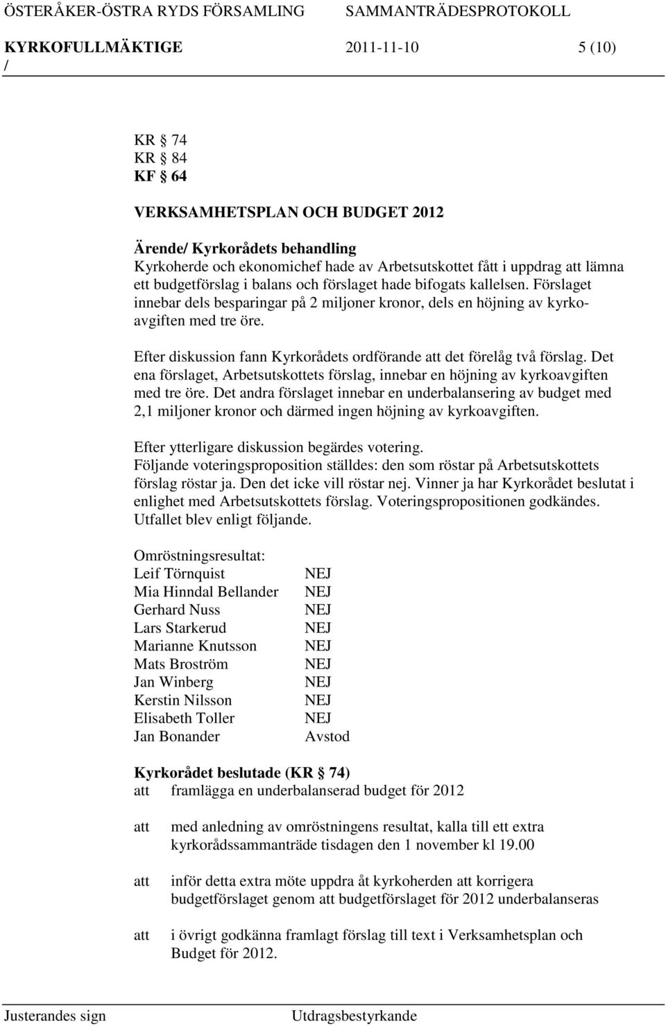 Efter diskussion fann Kyrkorådets ordförande det förelåg två förslag. Det ena förslaget, Arbetsutskottets förslag, innebar en höjning av kyrkoavgiften med tre öre.
