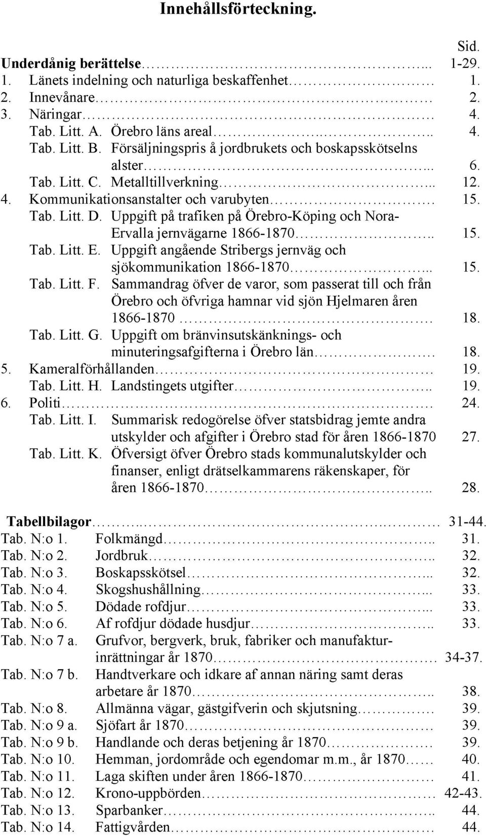 Uppgift på trafiken på Örebro-Köping och Nora- Ervalla jernvägarne 1866-1870.. 15. Tab. Litt. E. Uppgift angående Stribergs jernväg och sjökommunikation 1866-1870... 15. Tab. Litt. F.