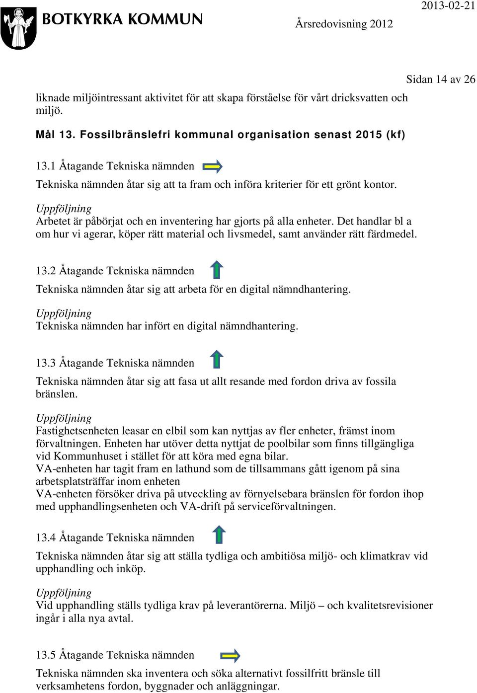 Uppföljning Arbetet är påbörjat och en inventering har gjorts på alla enheter. Det handlar bl a om hur vi agerar, köper rätt material och livsmedel, samt använder rätt färdmedel. 13.