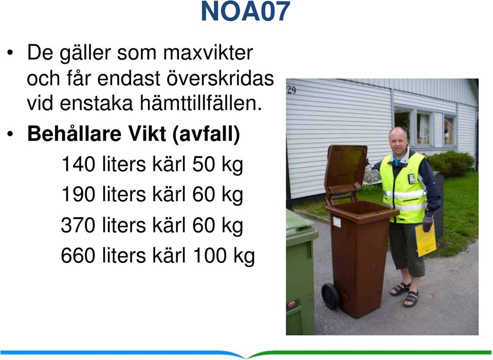 Behållare Vikt (avfall) 140 liters kärl 50 kg 190