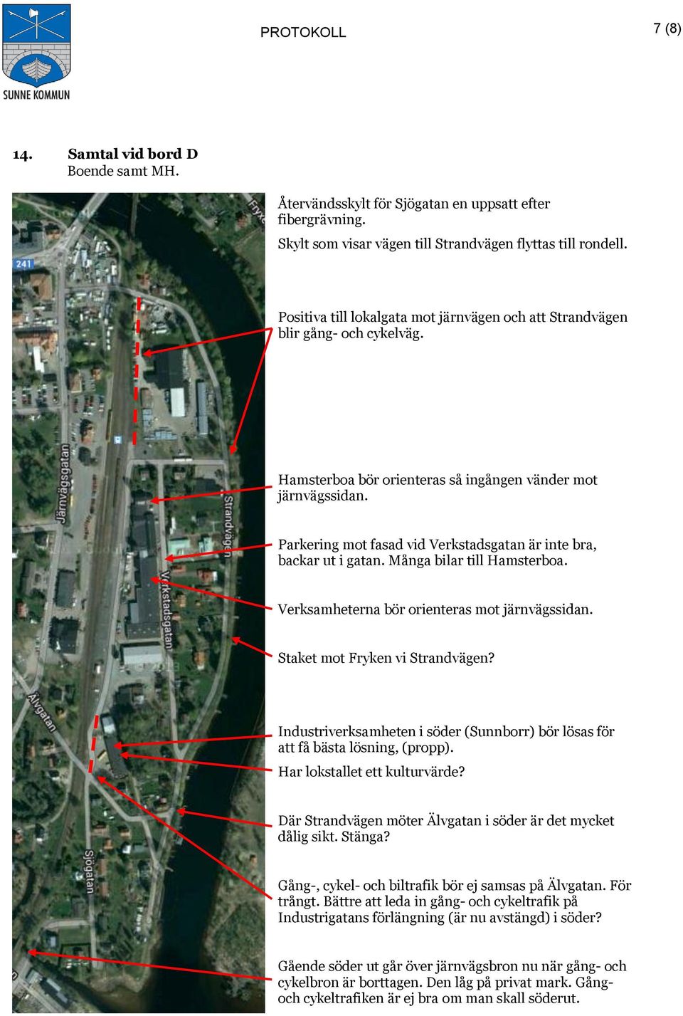 Parkering mot fasad vid Verkstadsgatan är inte bra, backar ut i gatan. Många bilar till Hamsterboa. Verksamheterna bör orienteras mot järnvägssidan. Staket mot Fryken vi Strandvägen?