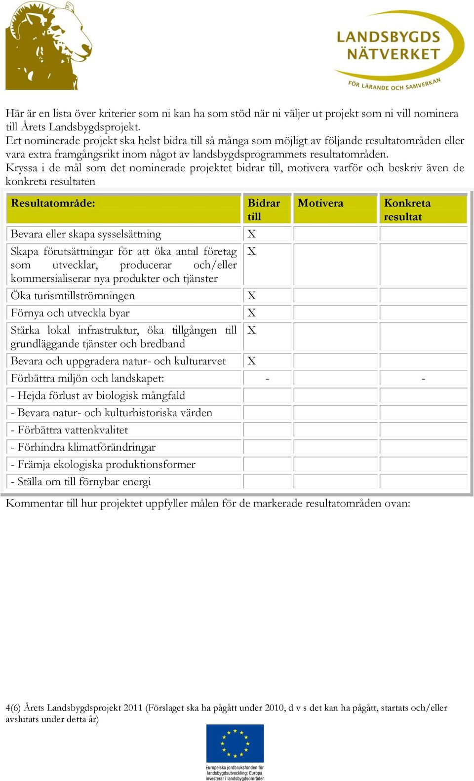 Kryssa i de mål som det nominerade projektet bidrar till, motivera varför och beskriv även de konkreta resultaten Resultatområde: Bevara eller skapa sysselsättning Skapa förutsättningar för att öka