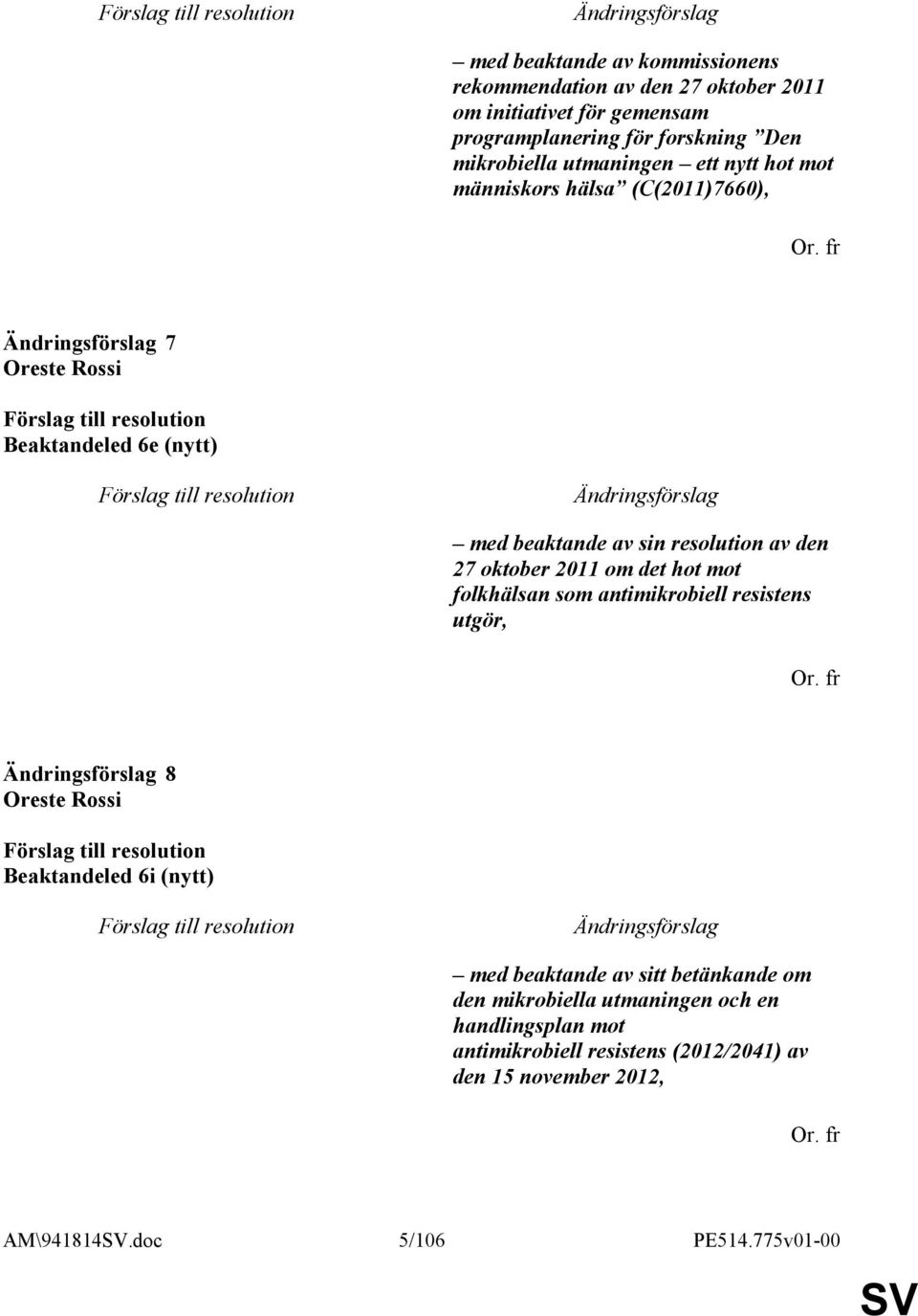 oktober 2011 om det hot mot folkhälsan som antimikrobiell resistens utgör, 8 Beaktandeled 6i (nytt) med beaktande av sitt betänkande om