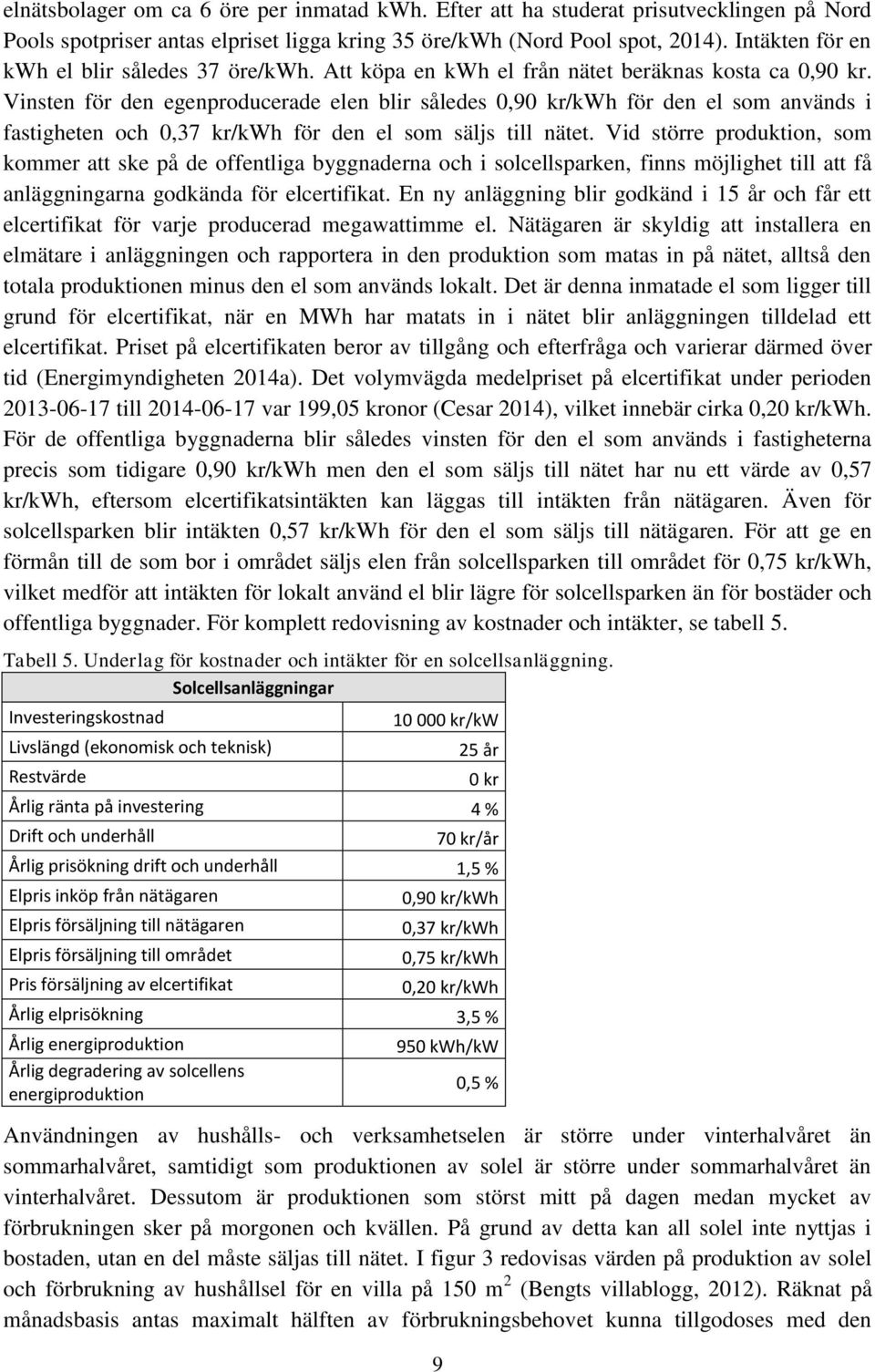 Vinsten för den egenproducerade elen blir således 0,90 kr/kwh för den el som används i fastigheten och 0,37 kr/kwh för den el som säljs till nätet.