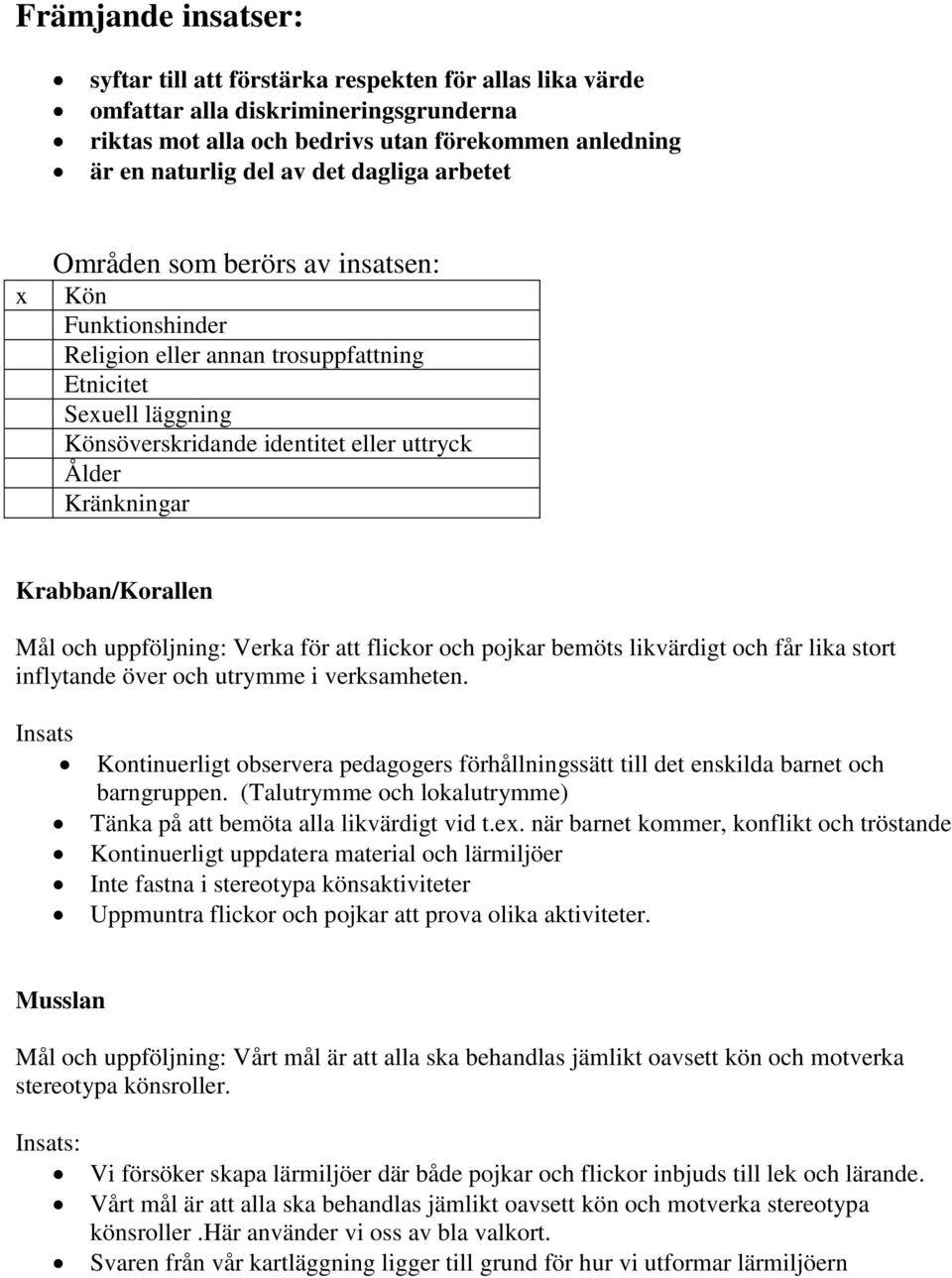 Krabban/Korallen Mål och uppföljning: Verka för att flickor och pojkar bemöts likvärdigt och får lika stort inflytande över och utrymme i verksamheten.