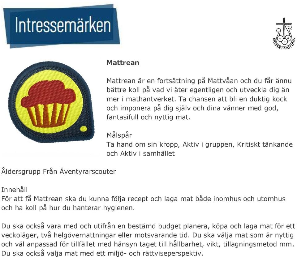 Ta hand om sin kropp, Aktiv i gruppen, Kritiskt tänkande och Aktiv i samhället Åldersgrupp Från Äventyrarscouter För att få Mattrean ska du kunna följa recept och laga mat både inomhus och utomhus