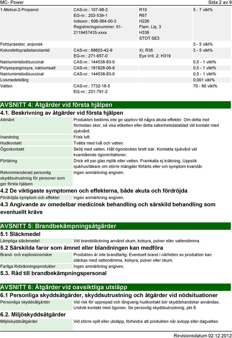 : 144538-83-0 0,5-1 vikt% Polyasparginsyra, natriumsalt CAS-nr.: 181828-06-8 0,5-1 vikt% Natriumimidodisuccinat CAS-nr.: 144538-83-0 0,5-1 vikt% Livsmedelsfärg 0,001 vikt% Vatten CAS-nr.