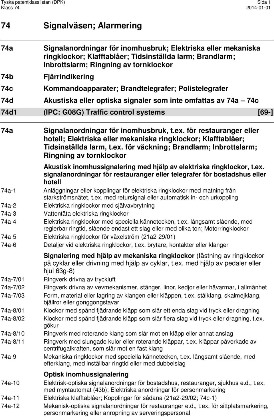 control systems [69-] 74a Signalanordningar för inomhusbruk, t.ex. för restauranger eller hotell; Elektriska eller mekaniska ringklockor; Klafftablåer; Tidsinställda larm, t.ex. för väckning; Brandlarm; Inbrottslarm; Ringning av tornklockor Akustisk inomhussignalering med hjälp av elektriska ringklockor, t.
