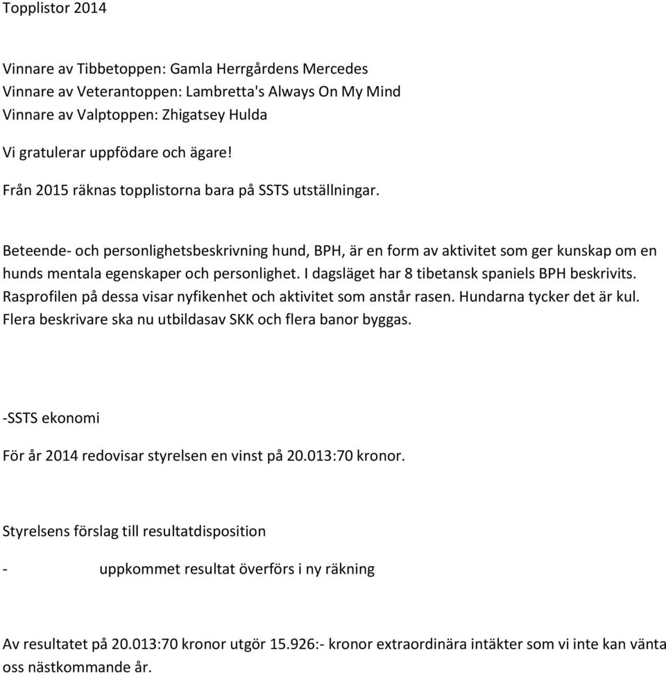 I dagsläget har 8 tibetansk spaniels BPH beskrivits. Rasprofilen på dessa visar nyfikenhet och aktivitet som anstår rasen. Hundarna tycker det är kul.